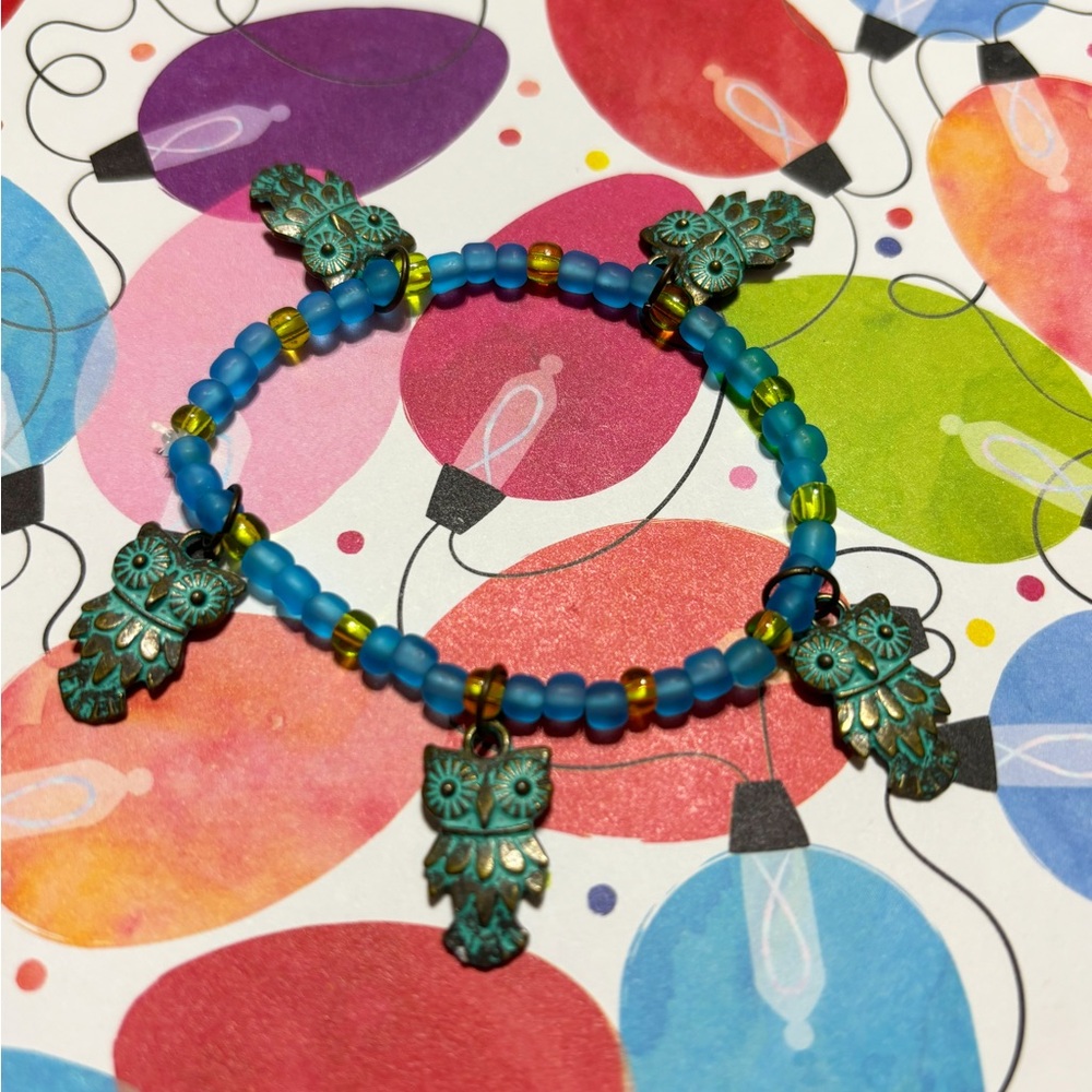 Blue Beaded Owl Charm Bracelet